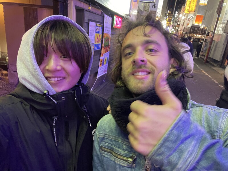 This is a photo of me and my Kiwi friend! I used to work at a cafe for international tourists in Tokyo, and I loved guiding my friends around the city after work to share Japanese culture.